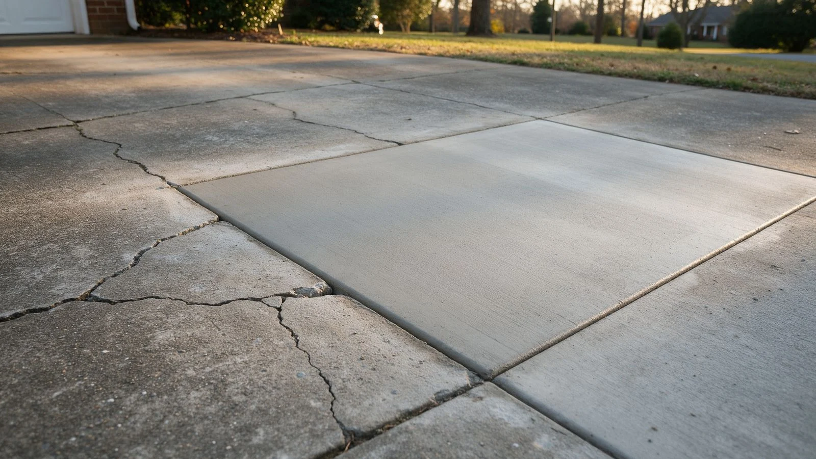 Weathered concrete driveway with one cracked section replaced by a new panel