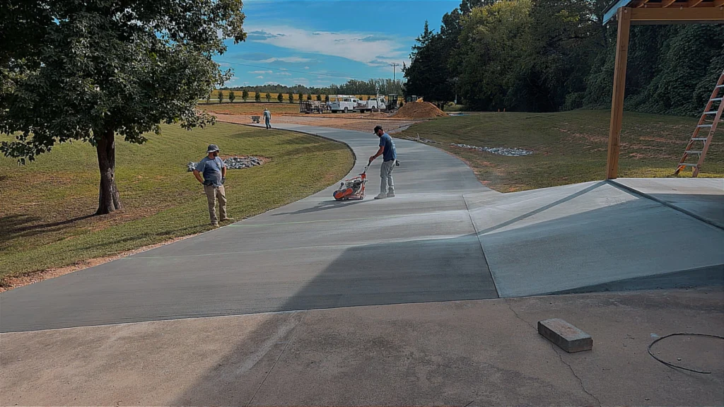 Saw-cutting the joints on a large concrete driveway